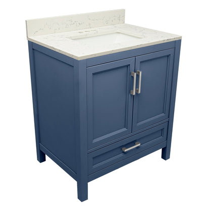 Ella’s Bubbles Nevado 31" Navy Blue Bathroom Vanity With Lyra White Quartz Stone Top With Backsplash and Sink