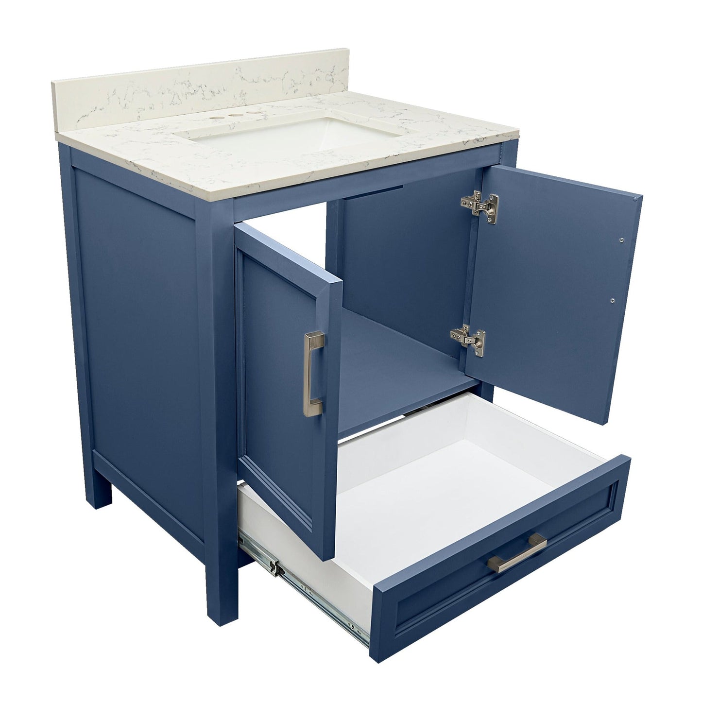 Ella’s Bubbles Nevado 31" Navy Blue Bathroom Vanity With Lyra White Quartz Stone Top With Backsplash and Sink