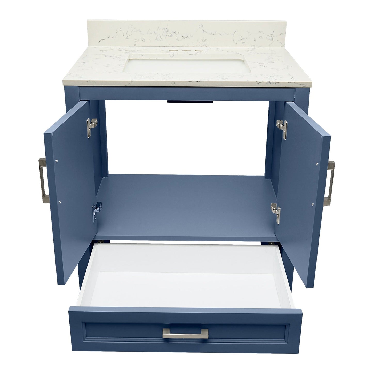 Ella’s Bubbles Nevado 31" Navy Blue Bathroom Vanity With Lyra White Quartz Stone Top With Backsplash and Sink