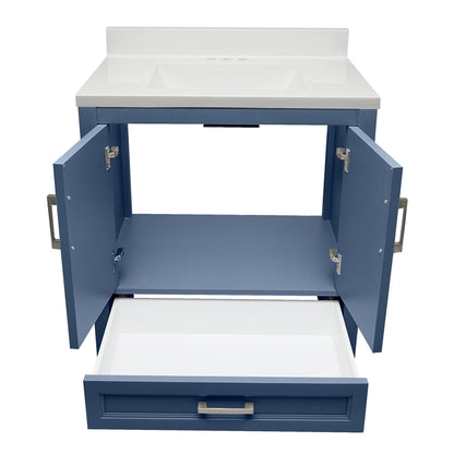 Ella’s Bubbles Nevado 31" Navy Blue Bathroom Vanity With White Cultured Marble Top With White Backsplash and Sink