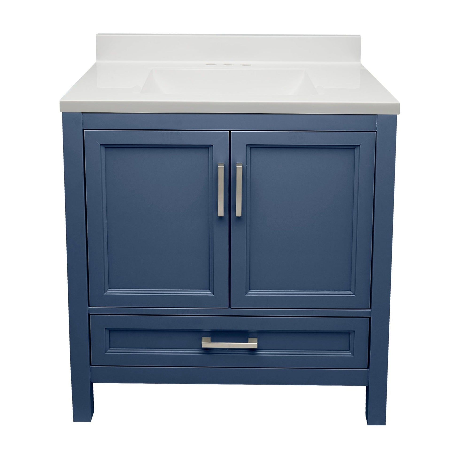 Ella’s Bubbles Nevado 31" Navy Blue Bathroom Vanity With White Cultured Marble Top With White Backsplash and Sink