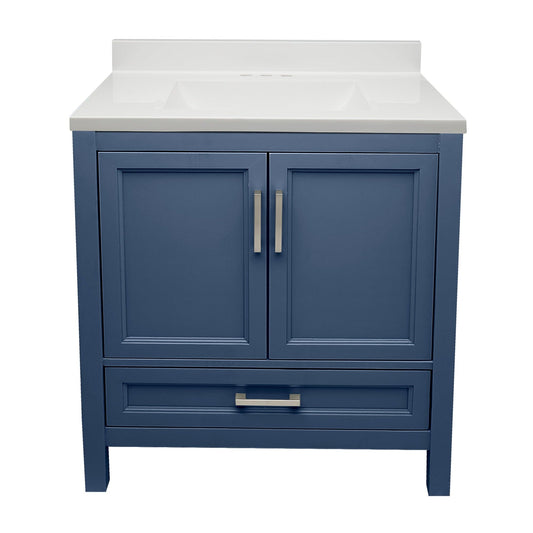 Ella’s Bubbles Nevado 31" Navy Blue Bathroom Vanity With White Cultured Marble Top With White Backsplash and Sink