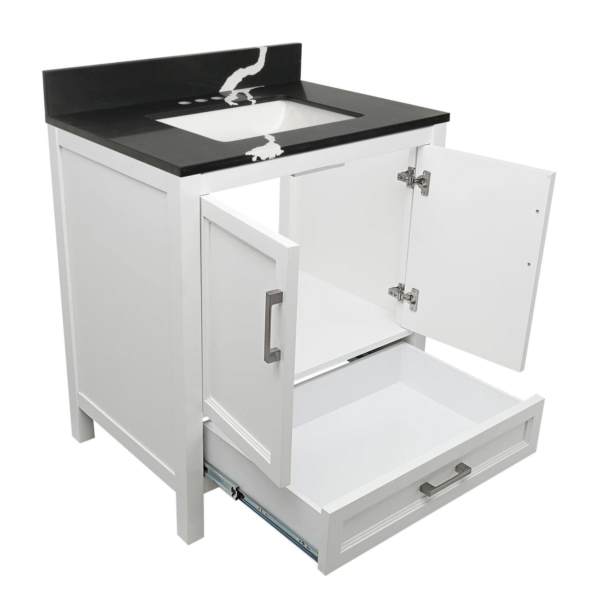 Ella’s Bubbles Nevado 31" White Bathroom Vanity With Calacatta Black Quartz Stone Top With Backsplash and Sink