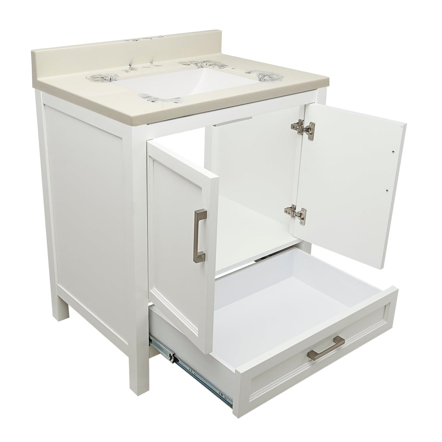 Ella’s Bubbles Nevado 31" White Bathroom Vanity With Carrara White Cultured Marble Top With Backsplash and Sink