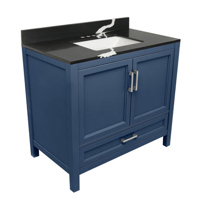 Ella’s Bubbles Nevado 37" Navy Blue Bathroom Vanity With Calacatta Black Quartz Stone Top With Backsplash and Sink