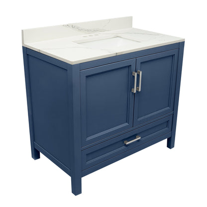 Ella’s Bubbles Nevado 37" Navy Blue Bathroom Vanity With Calacatta White Quartz Stone Top With Backsplash and Sink