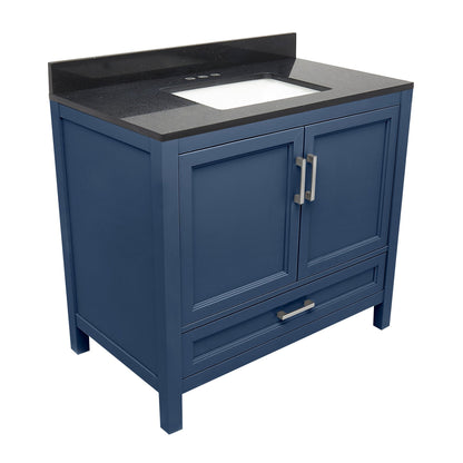 Ella’s Bubbles Nevado 37" Navy Blue Bathroom Vanity With Galaxy Black Quartz Stone Top With Backsplash and Sink