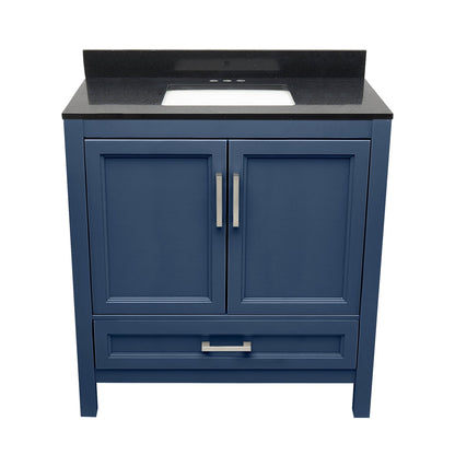 Ella’s Bubbles Nevado 37" Navy Blue Bathroom Vanity With Galaxy Black Quartz Stone Top With Backsplash and Sink