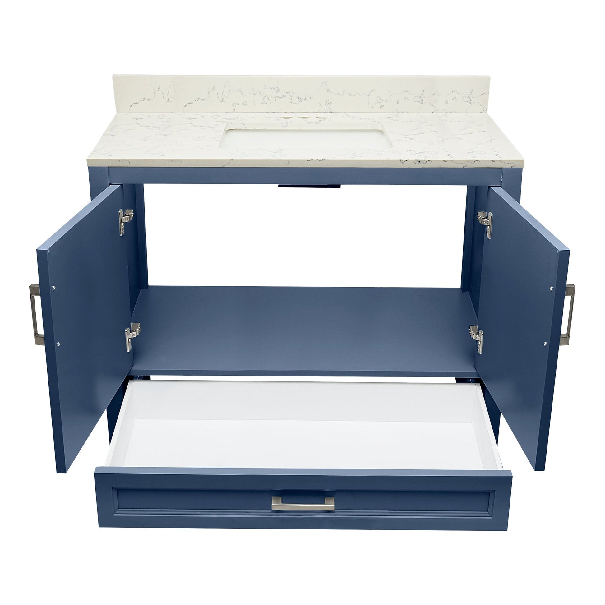 Ella’s Bubbles Nevado 37" Navy Blue Bathroom Vanity With Lyra White Quartz Stone Top With Backsplash and Sink