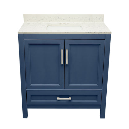 Ella’s Bubbles Nevado 37" Navy Blue Bathroom Vanity With Lyra White Quartz Stone Top With Backsplash and Sink