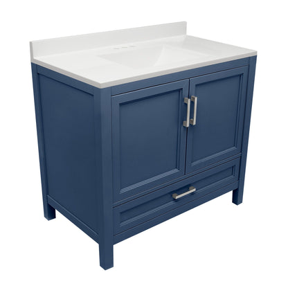 Ella’s Bubbles Nevado 37" Navy Blue Bathroom Vanity With White Cultured Marble Top With White Backsplash and Sink
