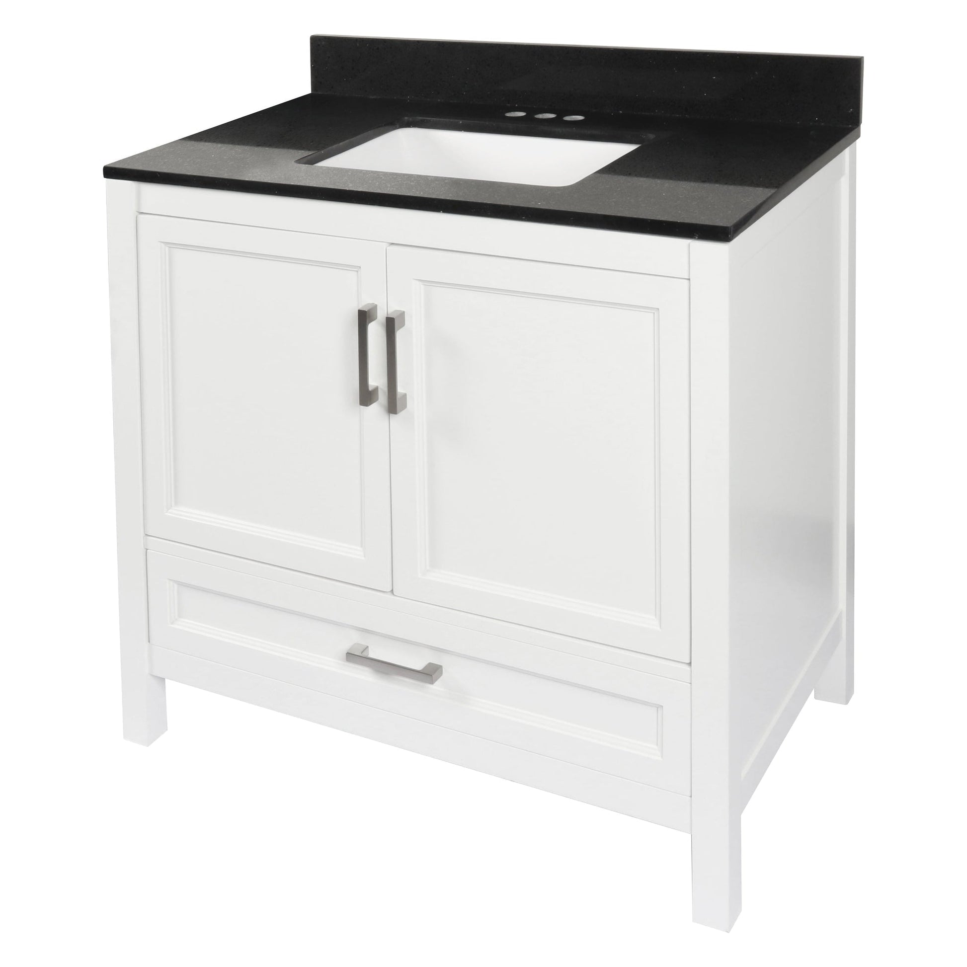 Ella’s Bubbles Nevado 37" White Bathroom Vanity With Galaxy Black Quartz Stone Top With Backsplash and Sink