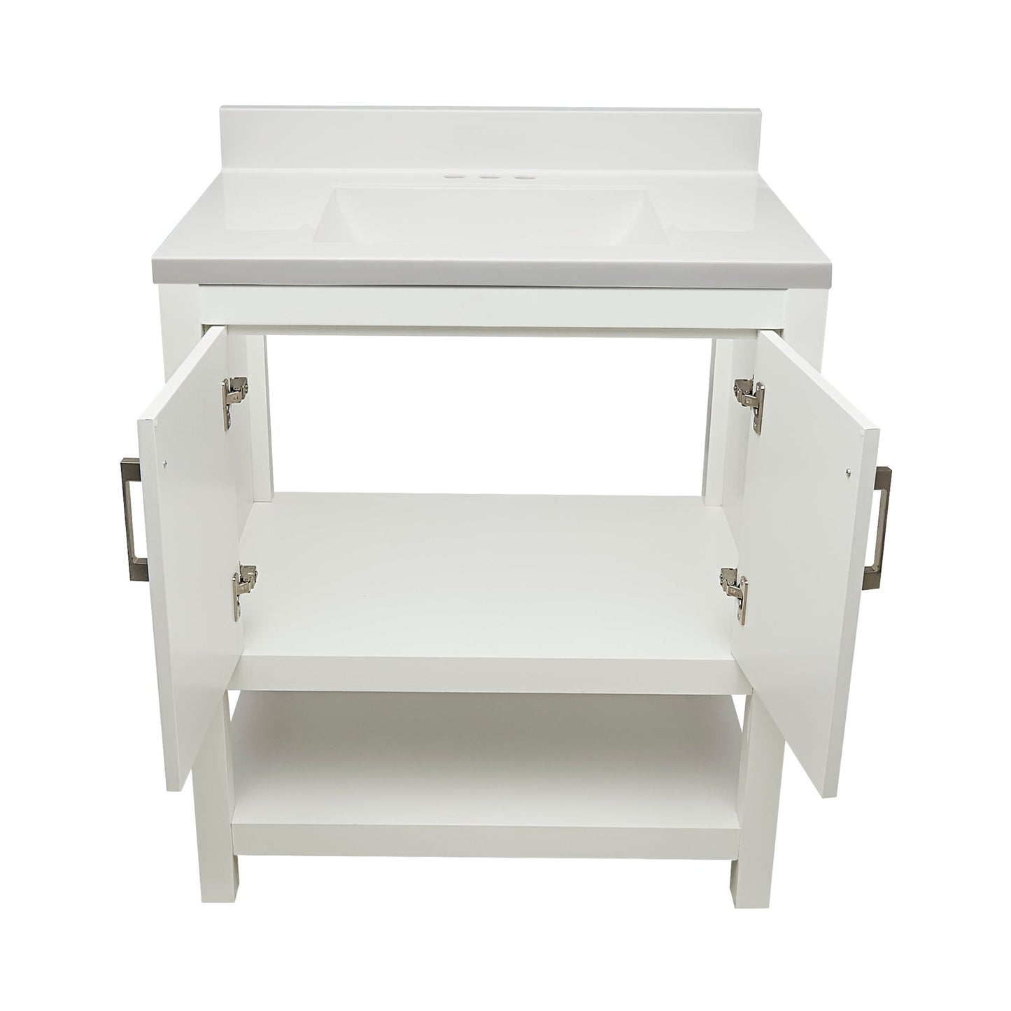 Ella's Bubbles Taos 31" White Bathroom Vanity With White Cultured Marble Top With White Backsplash and Sink