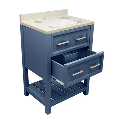 Ella's Bubbles Tremblant 25" Navy Blue Bathroom Vanity With Carrara White Cultured Marble Top With Backsplash and Sink