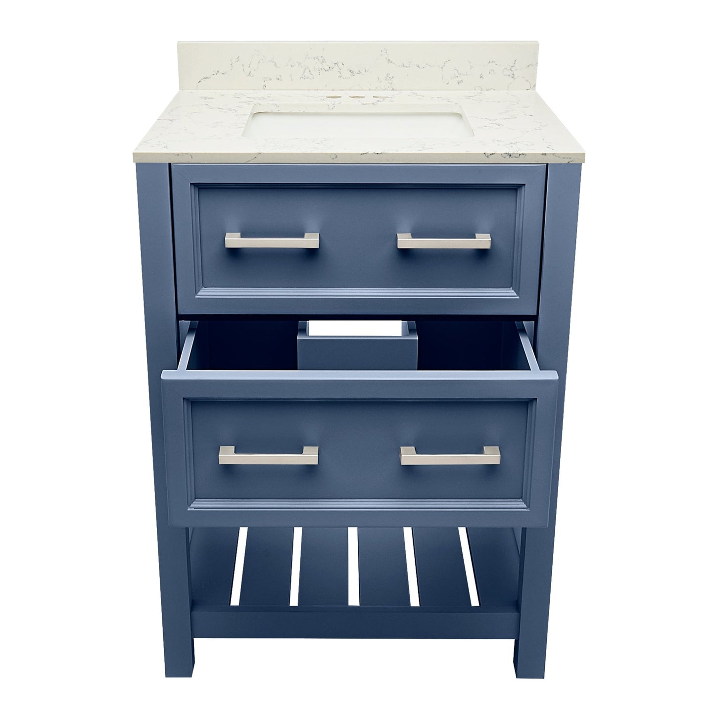 Ella's Bubbles Tremblant 25" Navy Blue Bathroom Vanity With Lyra White Quartz Stone Top With Backsplash and Sink