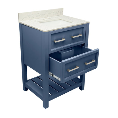 Ella's Bubbles Tremblant 25" Navy Blue Bathroom Vanity With Lyra White Quartz Stone Top With Backsplash and Sink