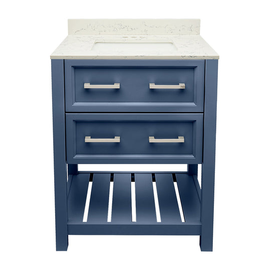 Ella's Bubbles Tremblant 25" Navy Blue Bathroom Vanity With Lyra White Quartz Stone Top With Backsplash and Sink