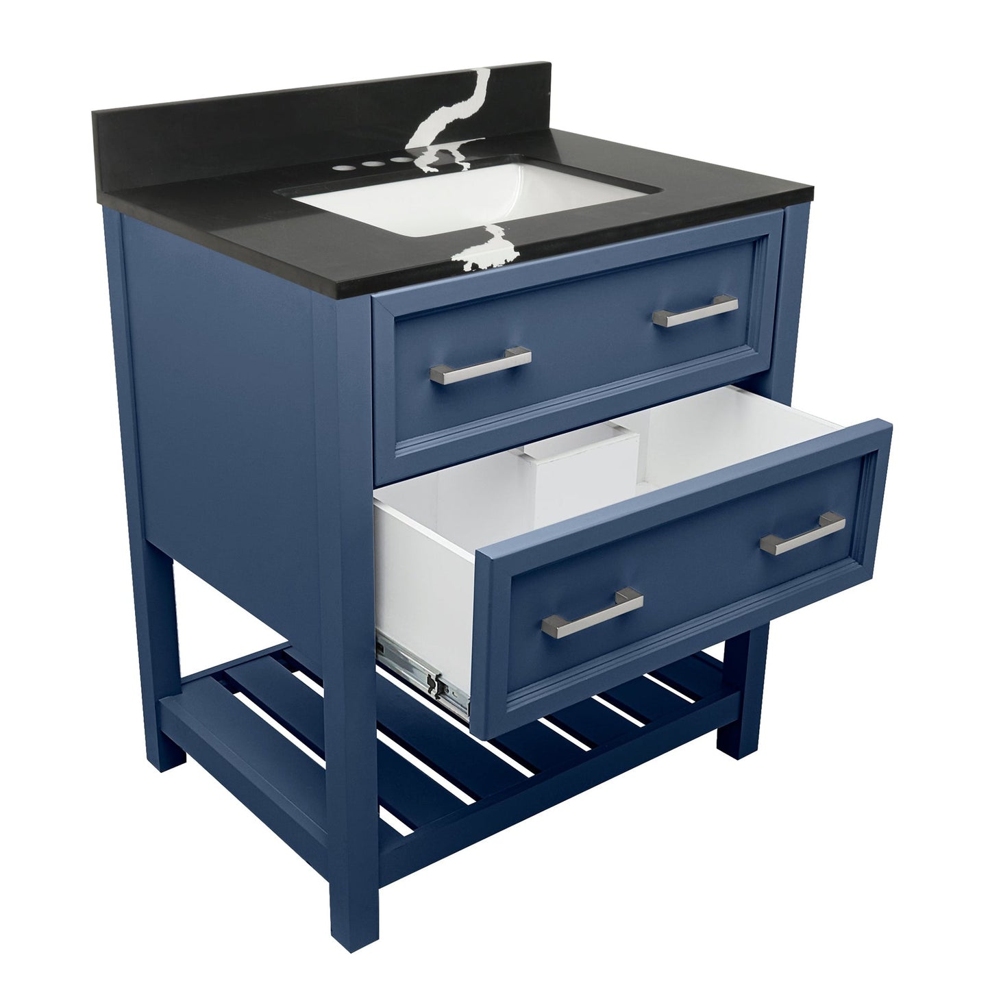 Ella's Bubbles Tremblant 31" Navy Blue Bathroom Vanity With Calacatta Black Quartz Stone Top With Backsplash and Sink