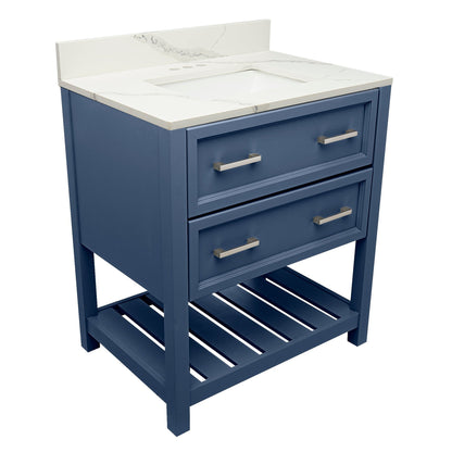 Ella's Bubbles Tremblant 31" Navy Blue Bathroom Vanity With Calacatta White Quartz Stone Top With Backsplash and Sink