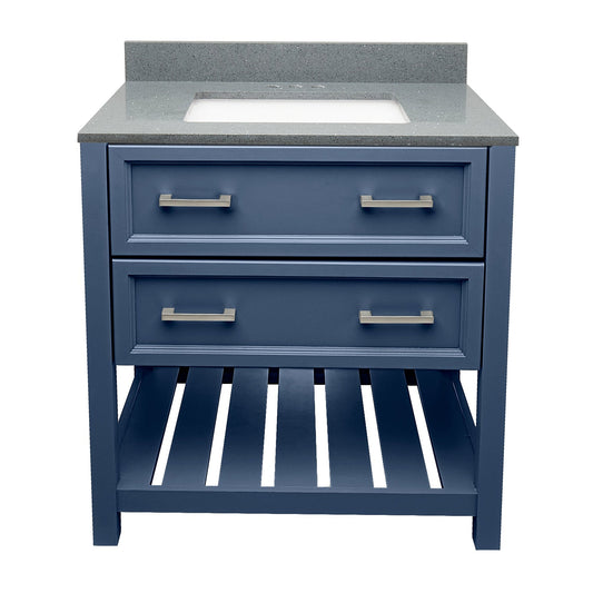 Ella's Bubbles Tremblant 31" Navy Blue Bathroom Vanity With Galaxy Gray Quartz Stone Top With Backsplash and Sink