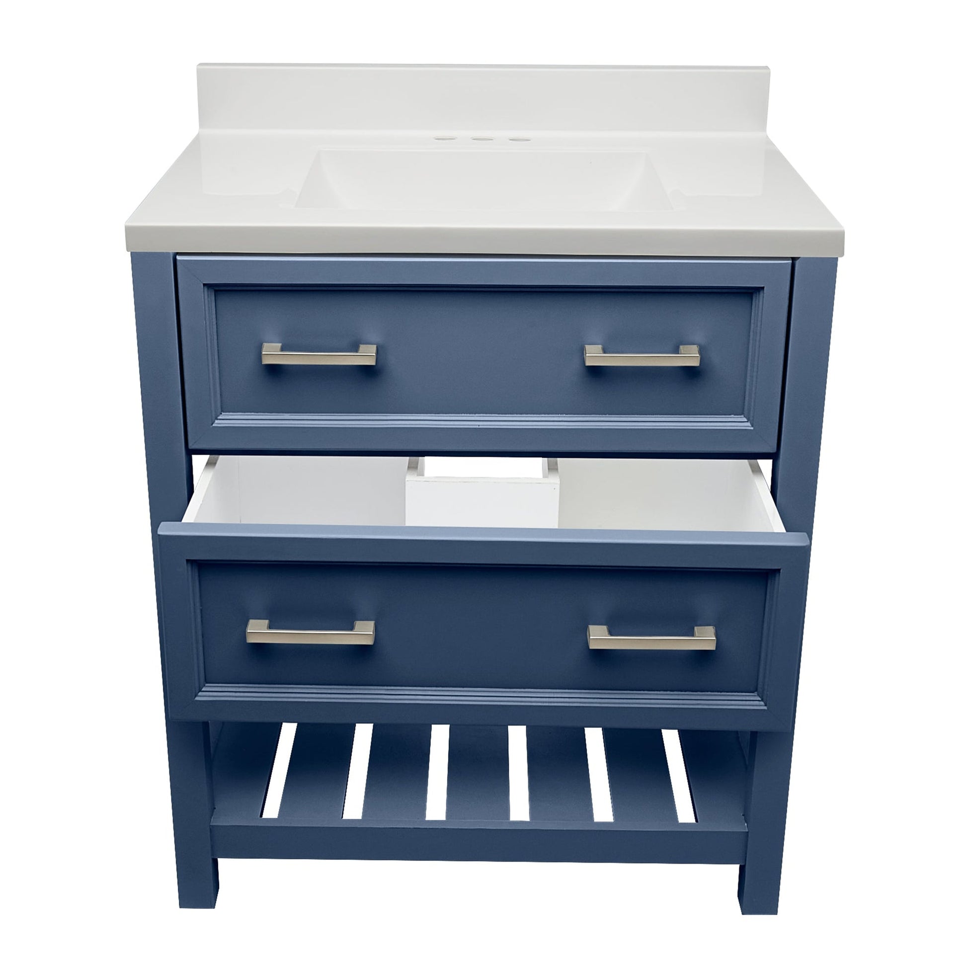 Ella's Bubbles Tremblant 31" Navy Blue Bathroom Vanity With White Cultured Marble Top With White Backsplash and Sink