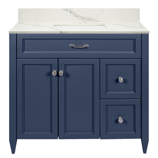 Ella’s Bubbles Vail 37" Navy Blue Bathroom Vanity With Calacatta White Quartz Stone Top With Backsplash and Sink