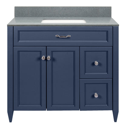 Ella’s Bubbles Vail 37" Navy Blue Bathroom Vanity With Galaxy Gray Quartz Stone Top With Backsplash and Sink