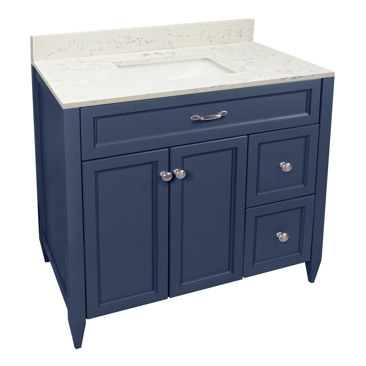 Ella’s Bubbles Vail 37" Navy Blue Bathroom Vanity With Lyra White Quartz Stone Top With Backsplash and Sink