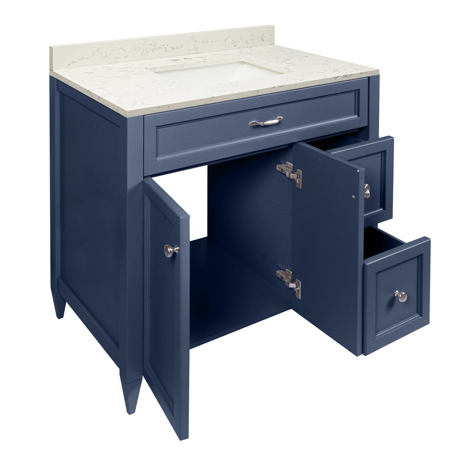 Ella’s Bubbles Vail 37" Navy Blue Bathroom Vanity With Lyra White Quartz Stone Top With Backsplash and Sink