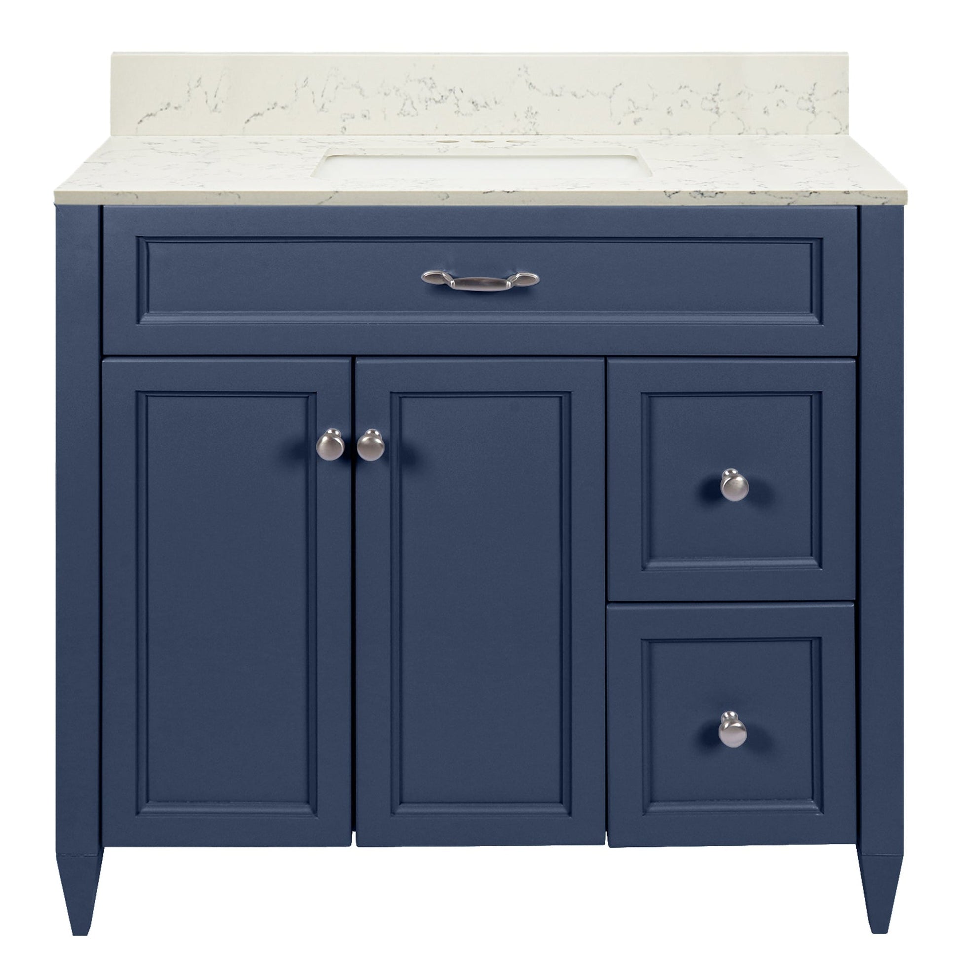 Ella’s Bubbles Vail 37" Navy Blue Bathroom Vanity With Lyra White Quartz Stone Top With Backsplash and Sink