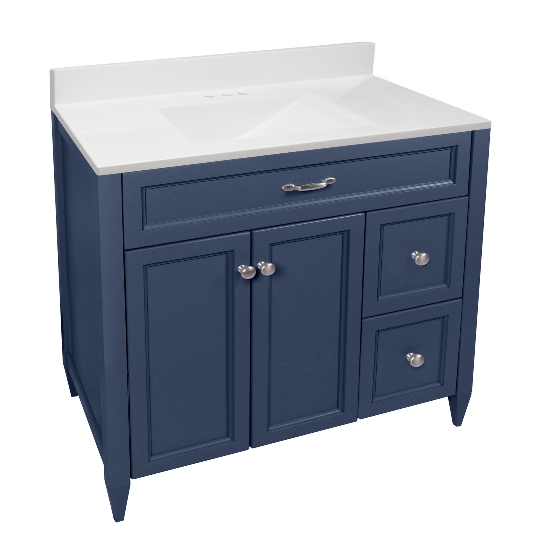 Ella’s Bubbles Vail 37" Navy Blue Bathroom Vanity With White Cultured Marble Top With White Backsplash and Sink