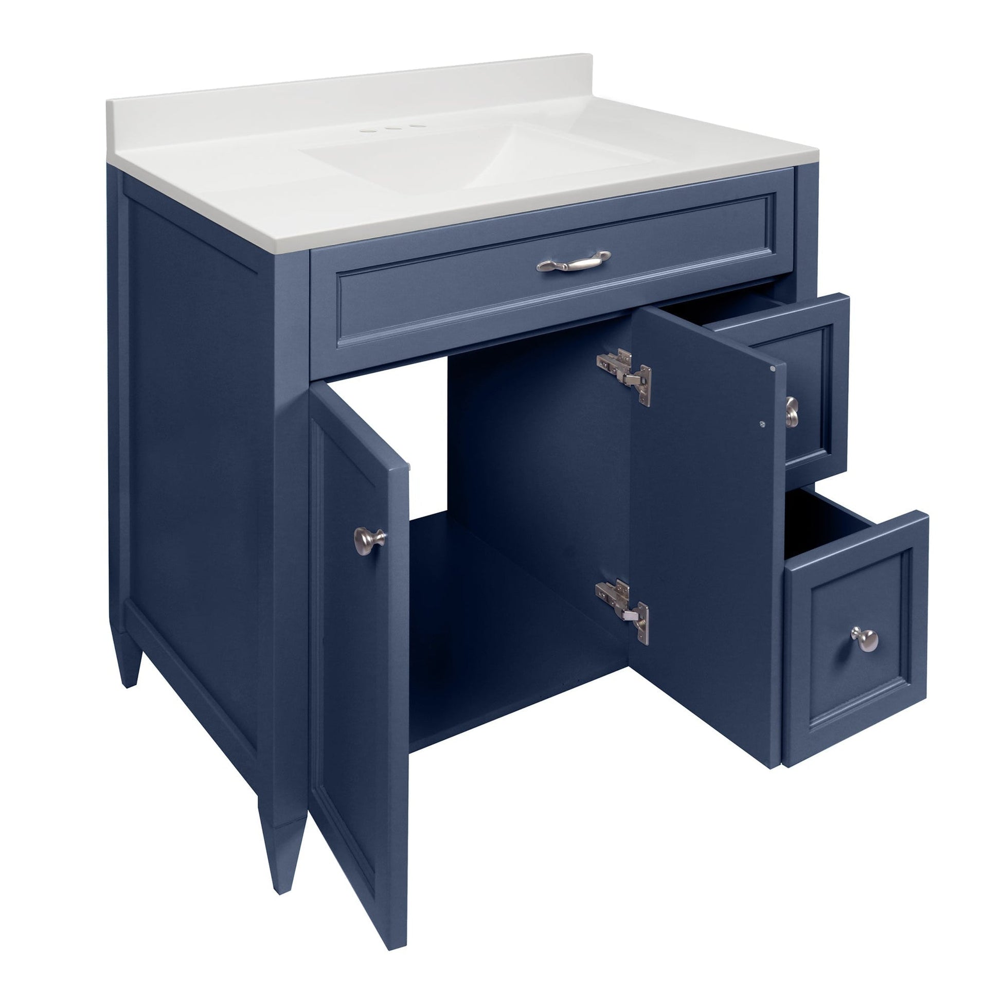 Ella’s Bubbles Vail 37" Navy Blue Bathroom Vanity With White Cultured Marble Top With White Backsplash and Sink