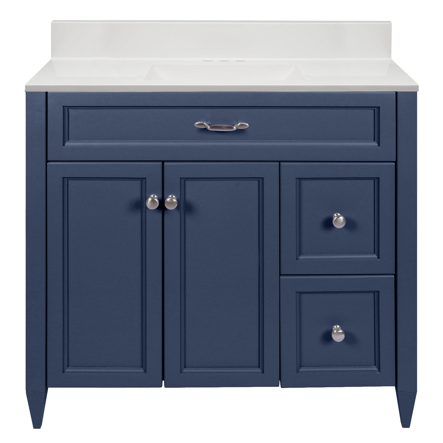 Ella’s Bubbles Vail 37" Navy Blue Bathroom Vanity With White Cultured Marble Top With White Backsplash and Sink