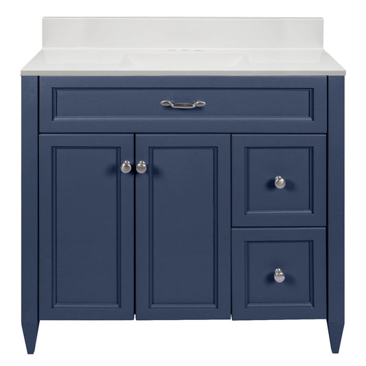 Ella’s Bubbles Vail 37" Navy Blue Bathroom Vanity With White Cultured Marble Top With White Backsplash and Sink
