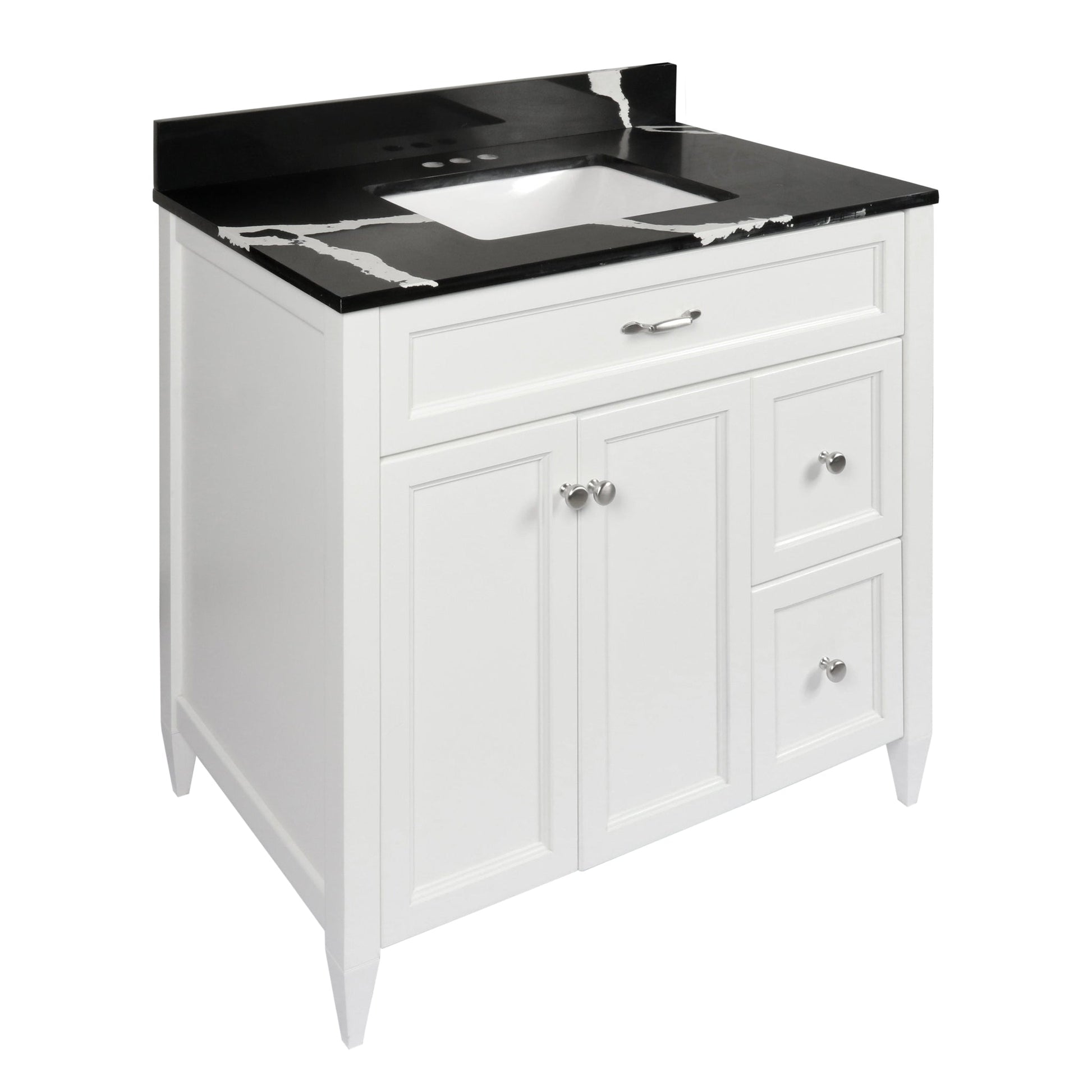 Ella’s Bubbles Vail 37" White Bathroom Vanity With Calacatta Black Quartz Stone Top With Backsplash and Sink