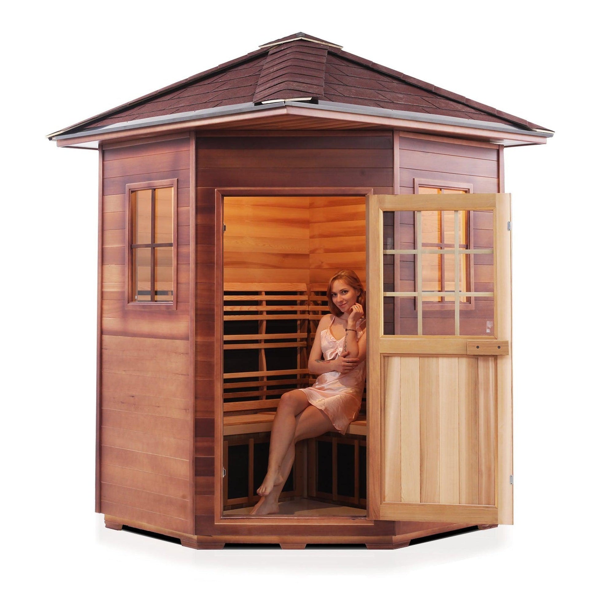 Enlighten InfraNature Duet Sapphire 4-Person Corner Peak Roof Hybrid Infrared/Traditional Outdoor Sauna