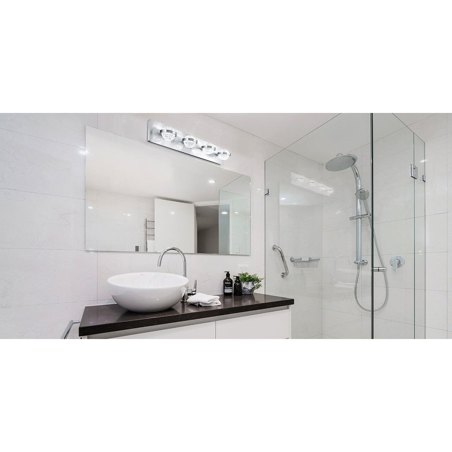 Eurofase Lighting Ryder 26" 4-Light Dimmable Integrated LED Chrome Bath Bar With Clear Glass Orb Shades