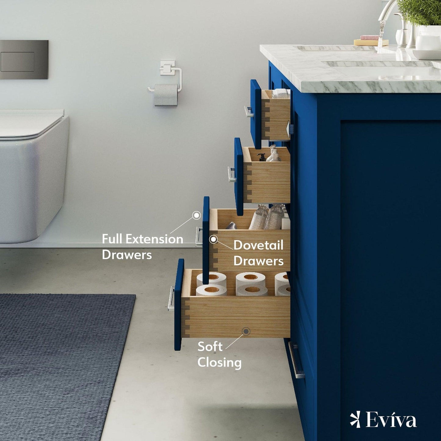 Eviva Aberdeen 48" x 34" Blue Freestanding Bathroom Vanity With Double Undermount Sink