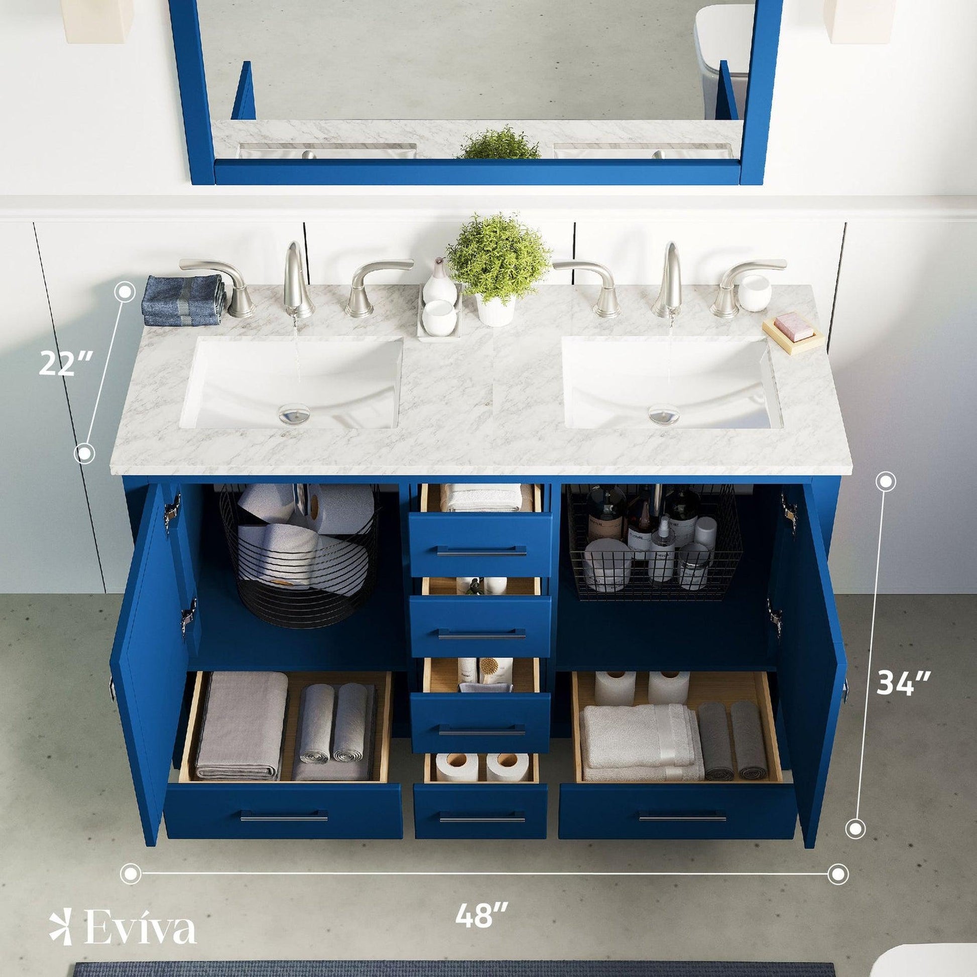 Eviva Aberdeen 48" x 34" Blue Freestanding Bathroom Vanity With Double Undermount Sink