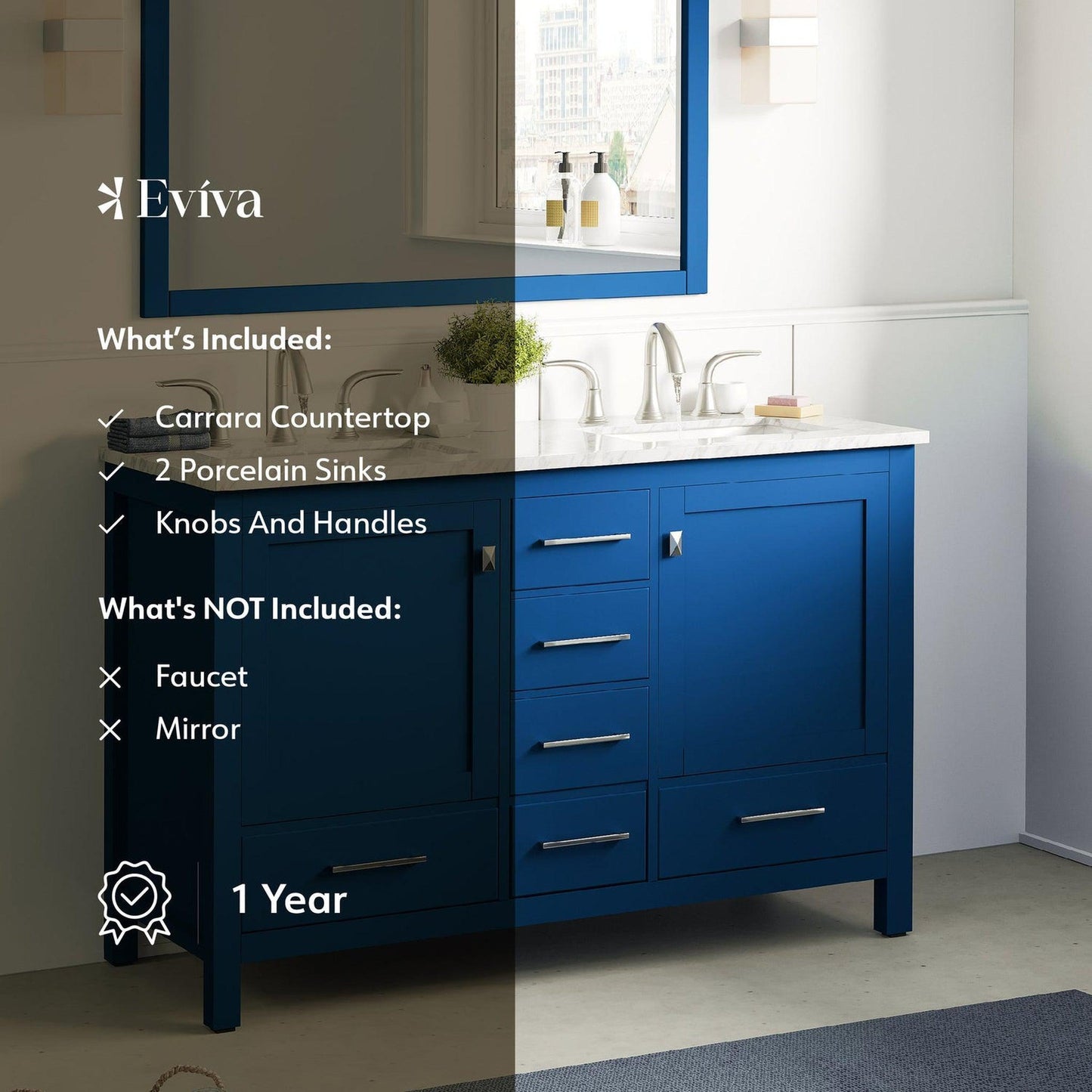 Eviva Aberdeen 48" x 34" Blue Freestanding Bathroom Vanity With Double Undermount Sink