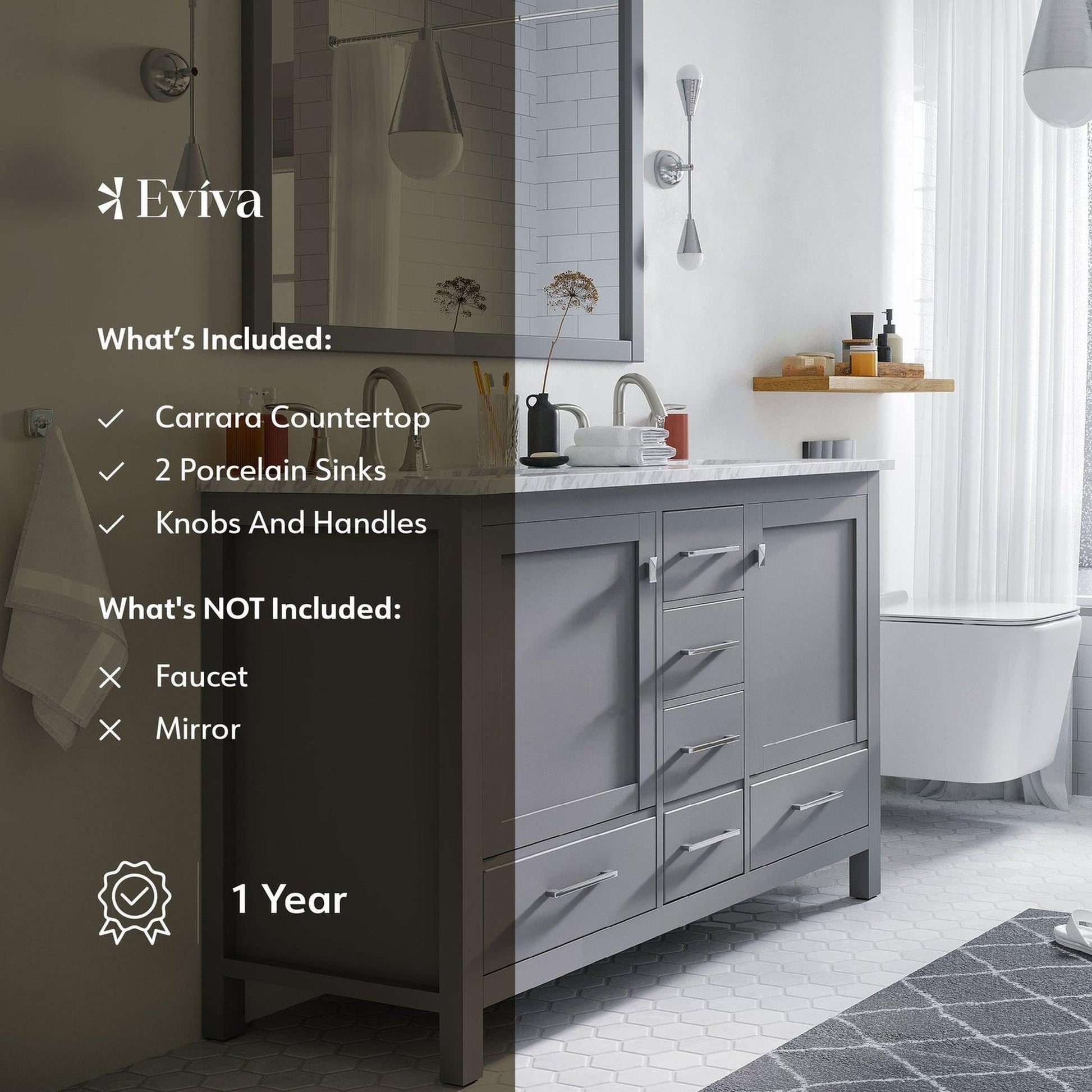 Eviva Aberdeen 48" x 34" Gray Freestanding Bathroom Vanity With Double Undermount Sink