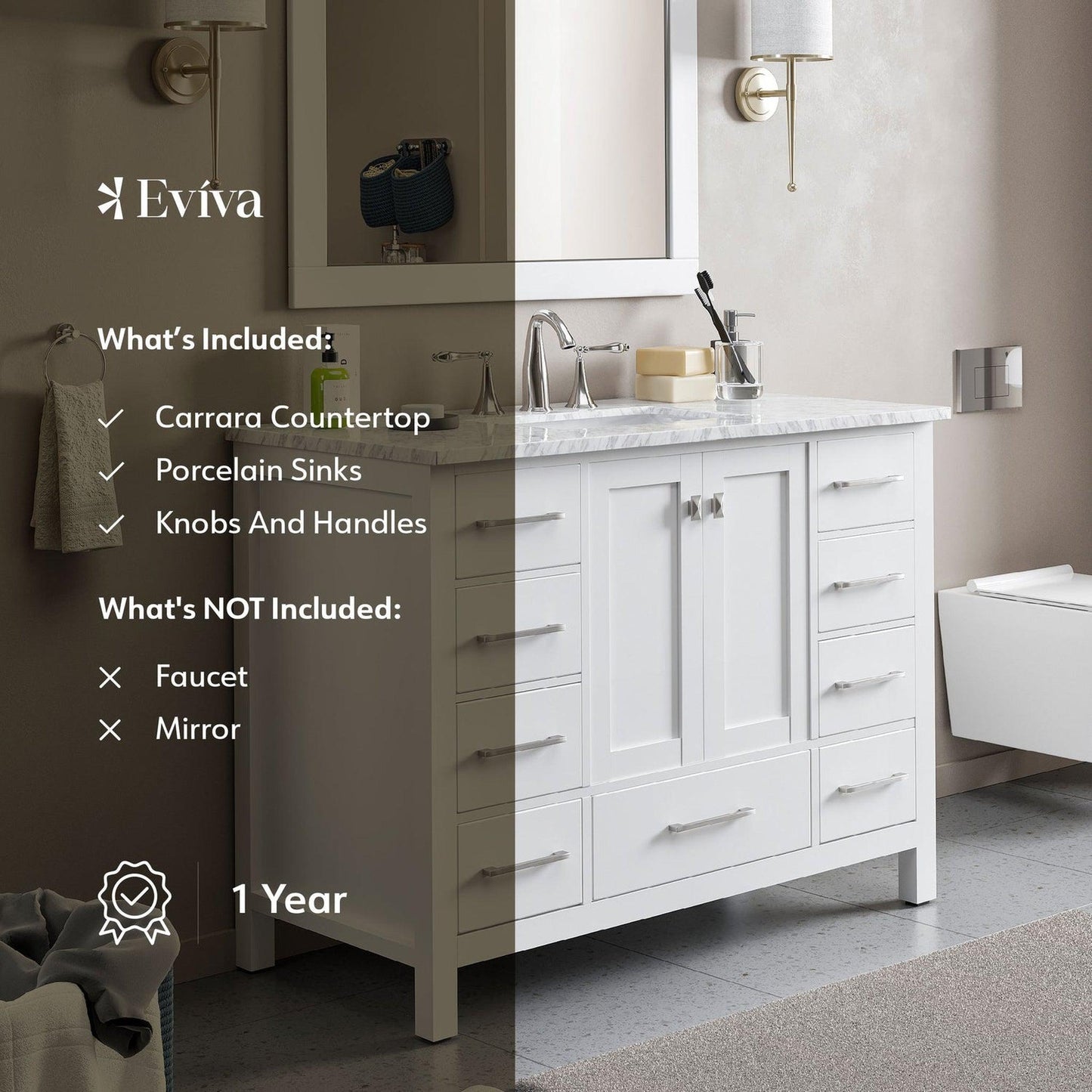 Eviva Aberdeen 48" x 34" White Freestanding Bathroom Vanity With Single Undermount Sink