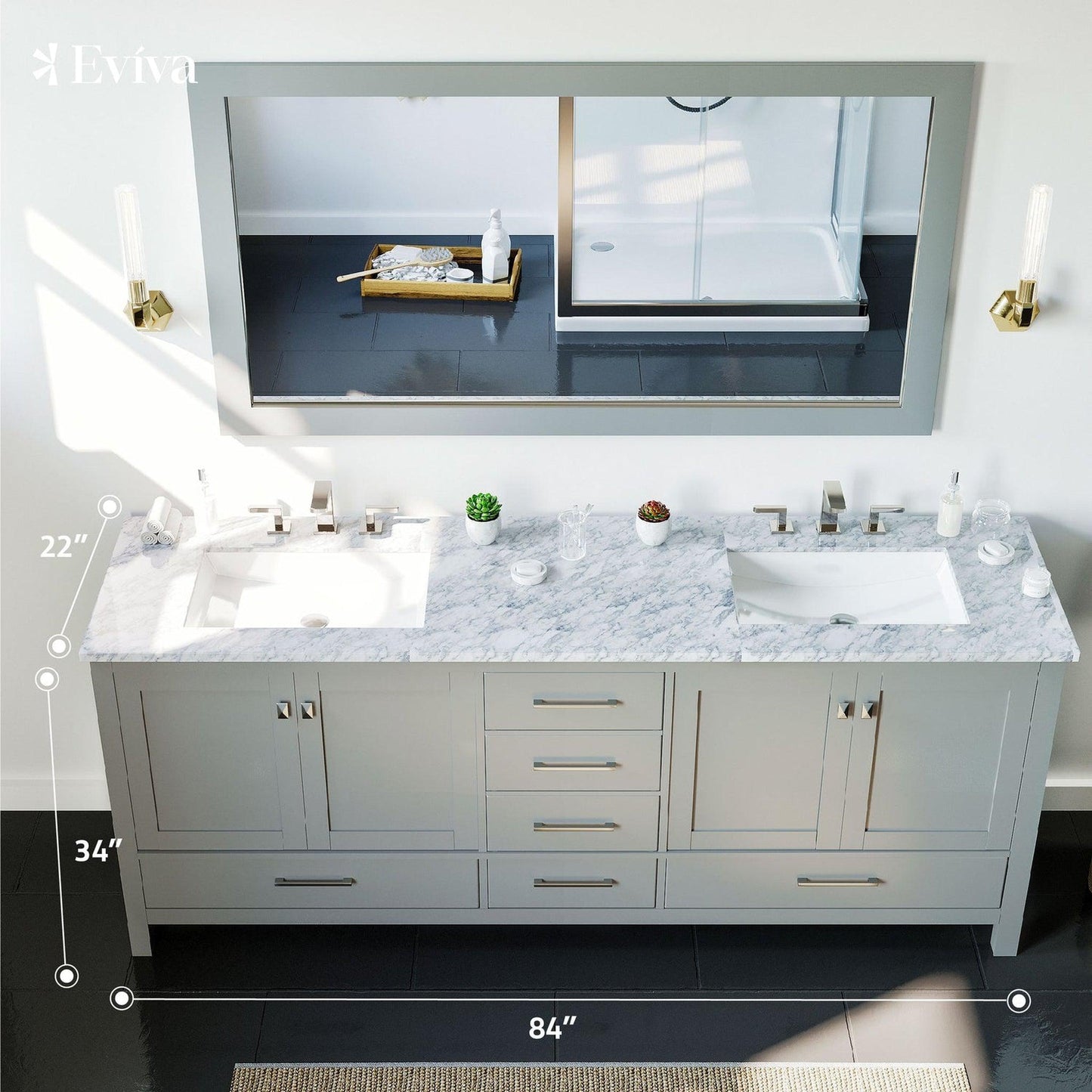 Eviva Aberdeen 84" x 34" Gray Freestanding Bathroom Vanity With Double Undermount Sink