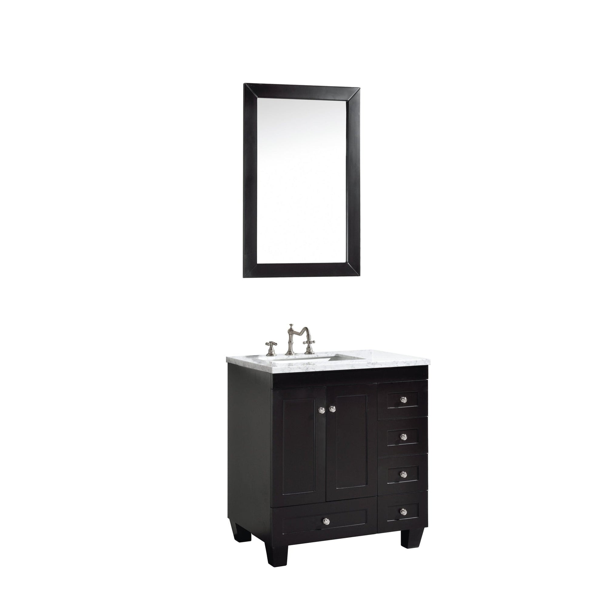 Eviva Acclaim 28" x 34" Espresso Freestanding Bathroom Vanity With White Carrara Marble Countertop and Single Undermount Sink