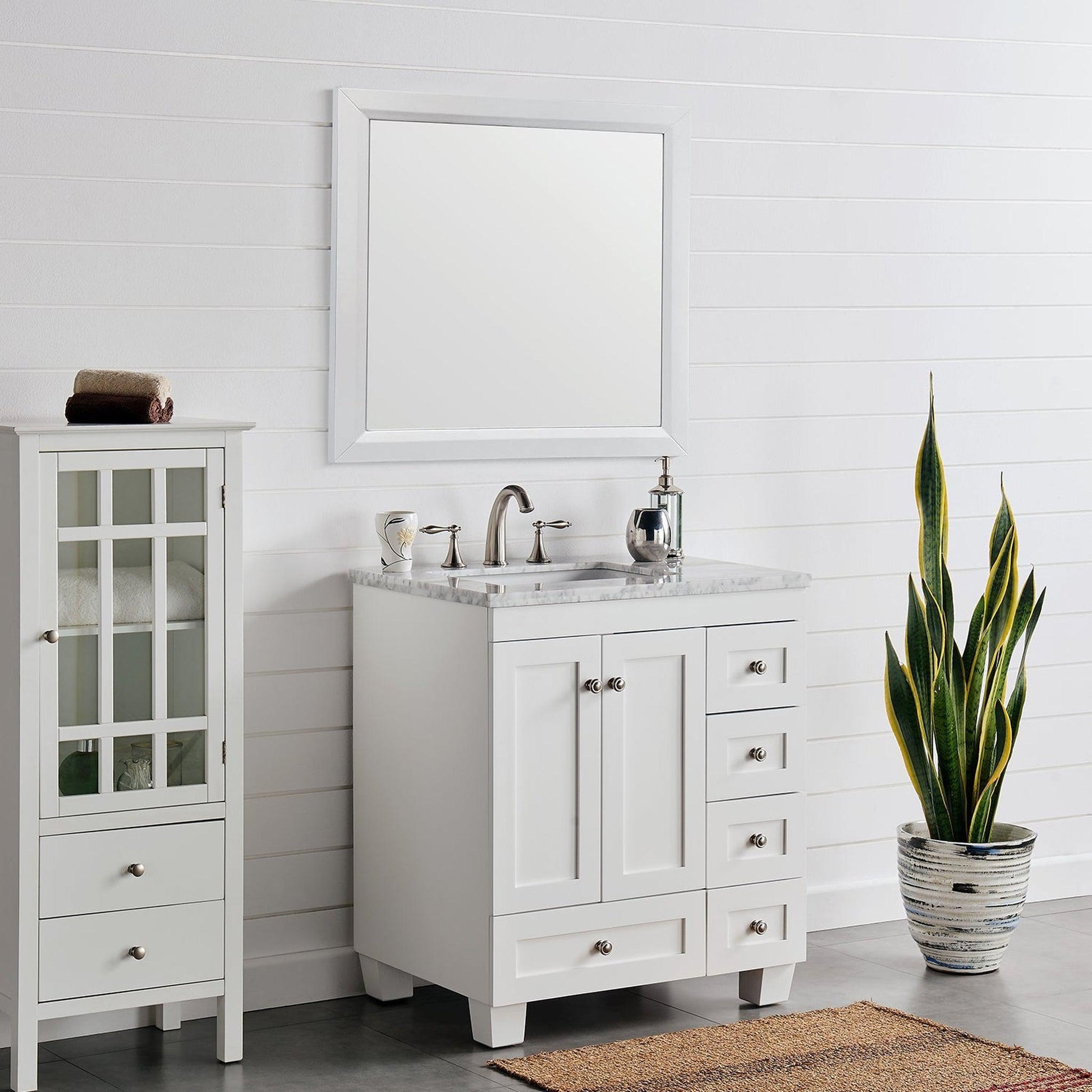 Eviva Acclaim 28" x 34" White Freestanding Bathroom Vanity With White Carrara Marble Countertop and Single Undermount Sink