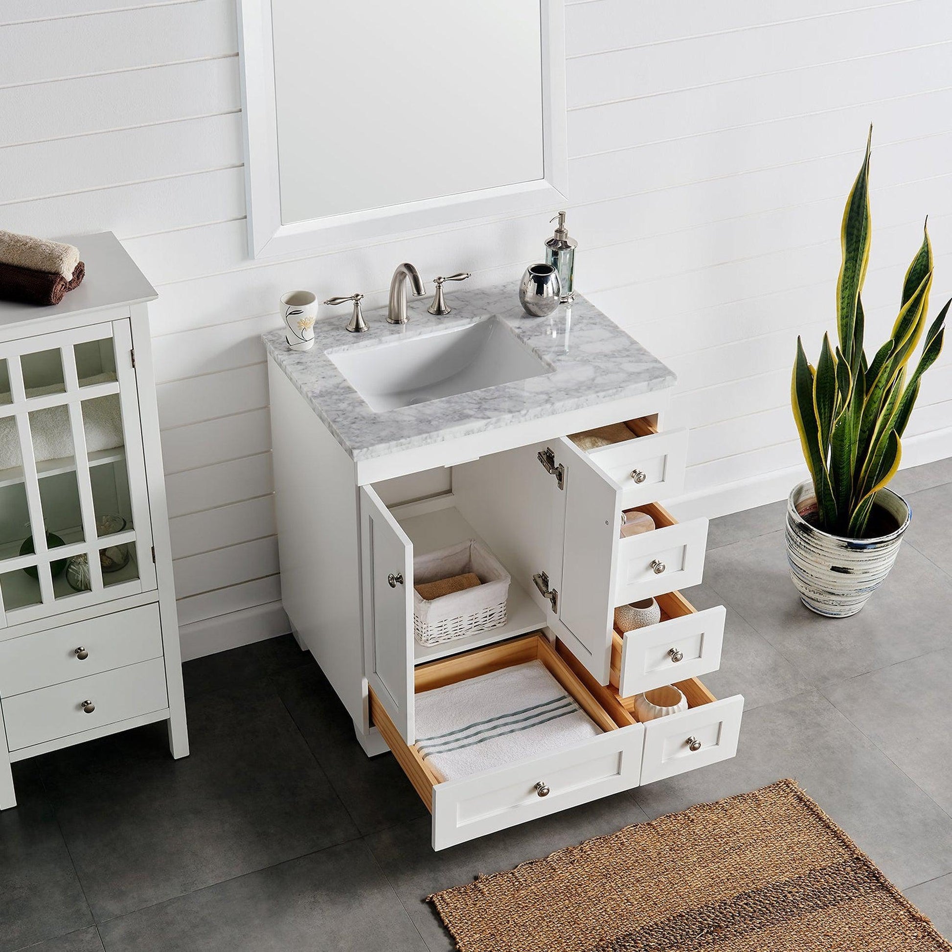 Eviva Acclaim 28" x 34" White Freestanding Bathroom Vanity With White Carrara Marble Countertop and Single Undermount Sink