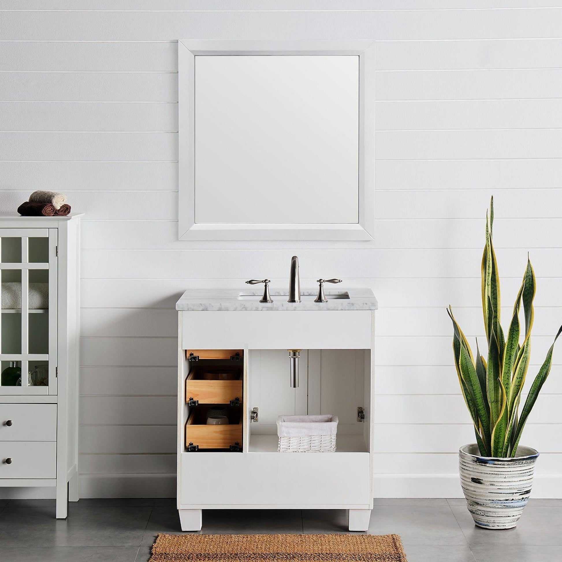 Eviva Acclaim 28" x 34" White Freestanding Bathroom Vanity With White Carrara Marble Countertop and Single Undermount Sink