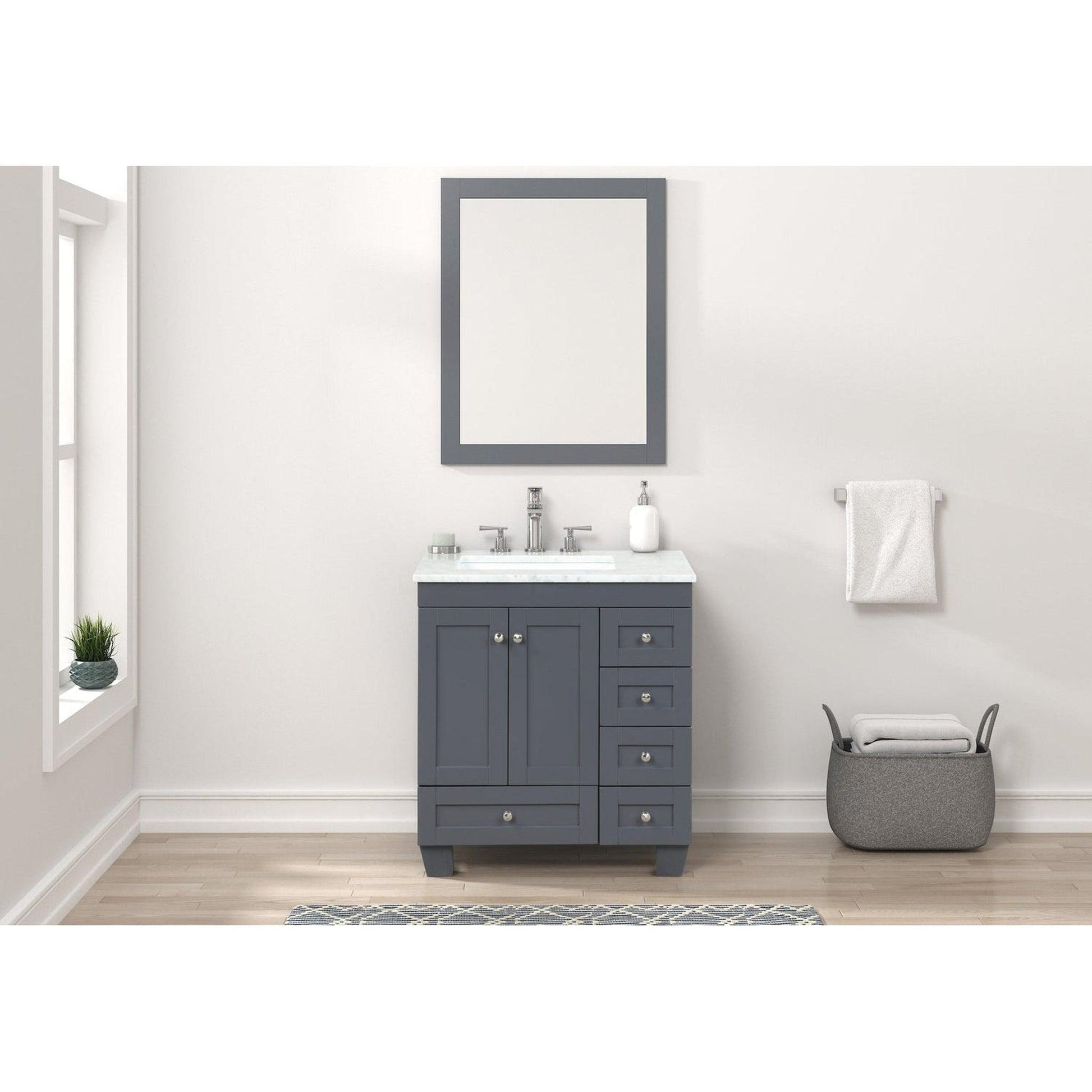 Eviva Acclaim 30" x 34" Dark Gray Freestanding Bathroom Vanity With White Carrara Marble Countertop and Single Undermount Sink