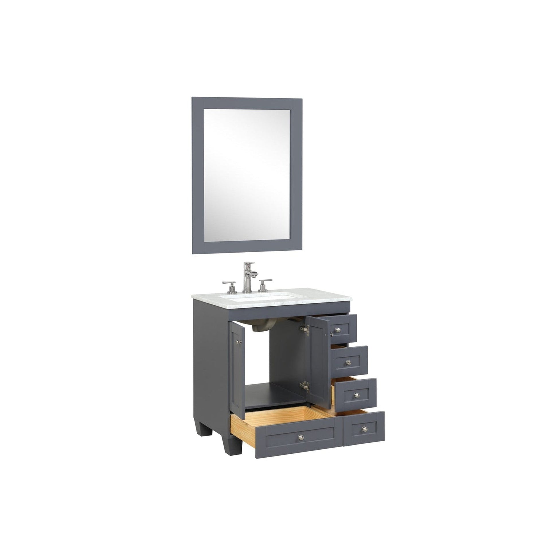 Eviva Acclaim 30" x 34" Dark Gray Freestanding Bathroom Vanity With White Carrara Marble Countertop and Single Undermount Sink