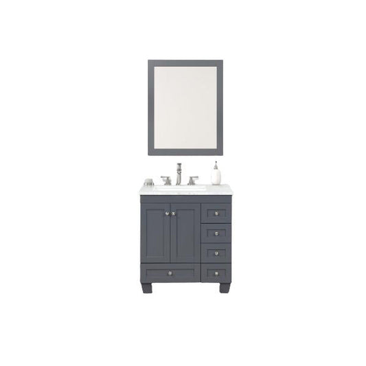 Eviva Acclaim 30" x 34" Dark Gray Freestanding Bathroom Vanity With White Carrara Marble Countertop and Single Undermount Sink